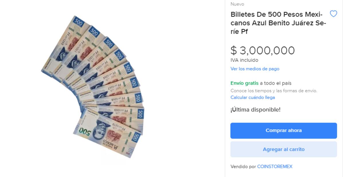 Así es la colección de billetes de 500 pesos mexicanos que se vende por 3 millones. Foto: MERCADO LIBRE