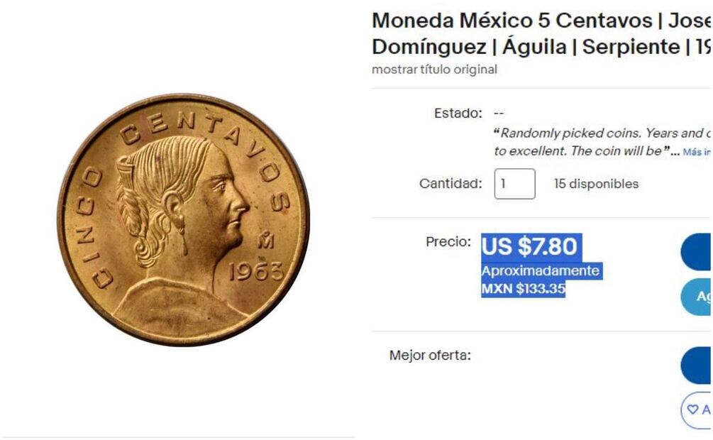 Moneda de Josefa Ortiz de Domínguez. Foto: eBay / Captura