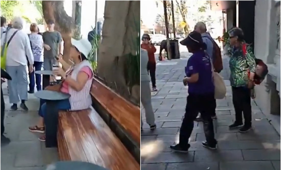 Cafetería echa a adultos mayores por sentarse en bancas colocadas en la banqueta; las redes los defienden: "El espacio público es para todos". Foto: Captura de pantalla / X