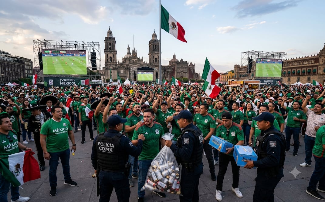 Ley seca en CDMX: decomisan latas de cerveza en accesos al Fan Fest del Zócalo. Foto: IA
