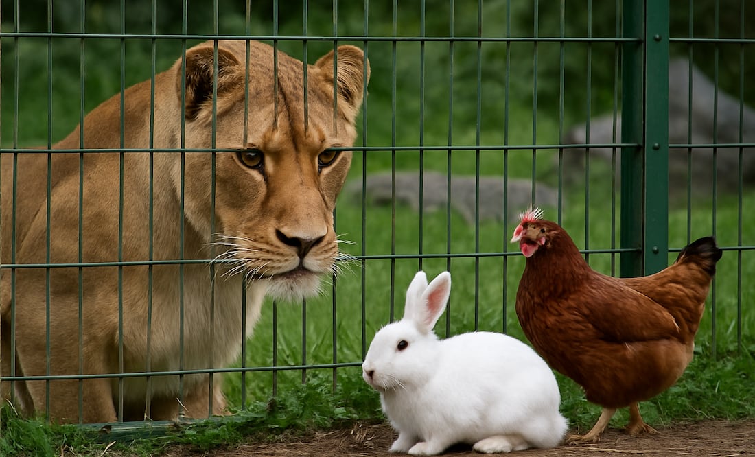 Zoológico en Dinamarca pide donación de conejos y pollos para alimentar a sus depredadores en cautiverio. Foto creada con IA
