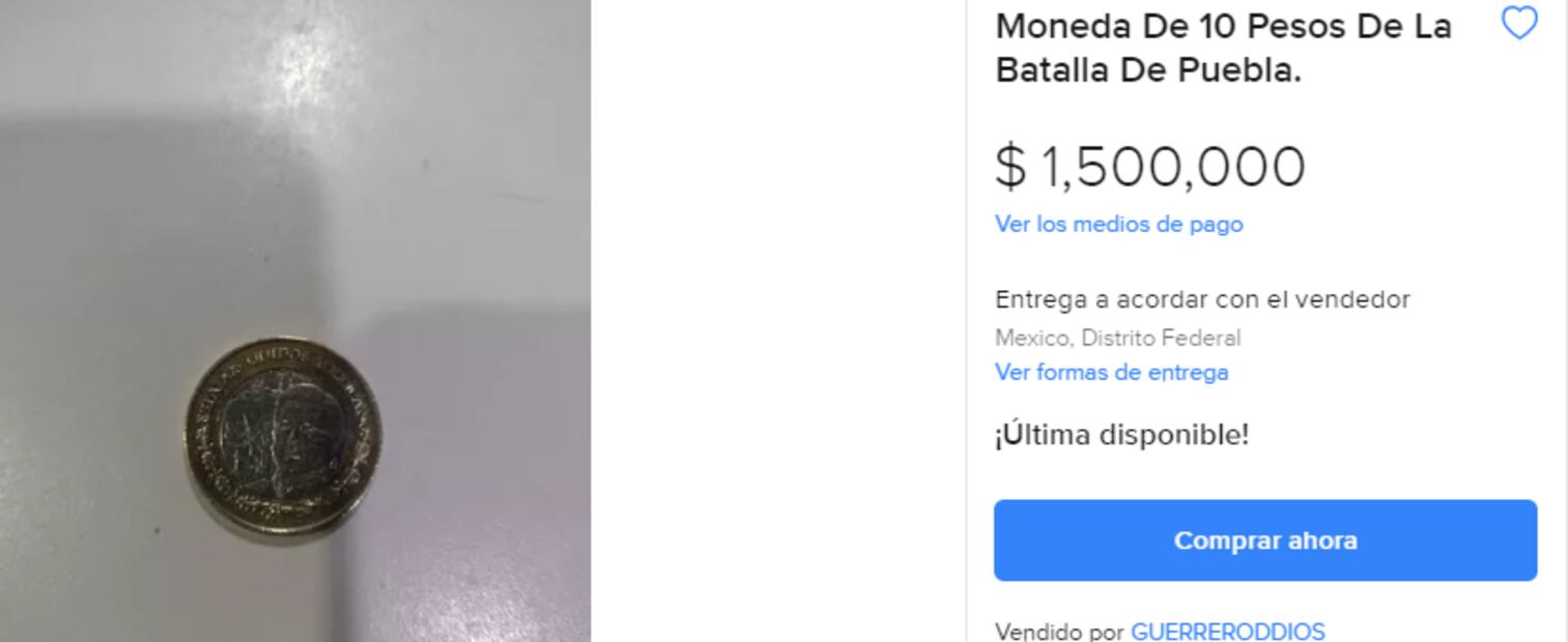 La moneda conmemorativa de la Batalla de Puebla que cuesta más de $2 millones de pesos. ¿La tienes? Foto: Mercado Libre