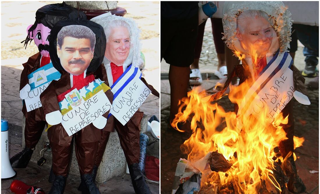Migrantes queman piñatas de presidentes en protesta contra cumbre migratoria en Chiapas. Foto: EFE