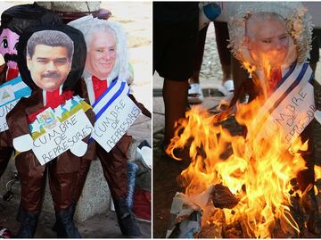Migrantes queman piñatas de presidentes en protesta contra cumbre migratoria en Chiapas