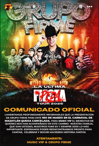 Grupo Firme cancela su show en el Carnaval de Mazatlán 2025. Foto: Tomada de Instagram @grupofirme