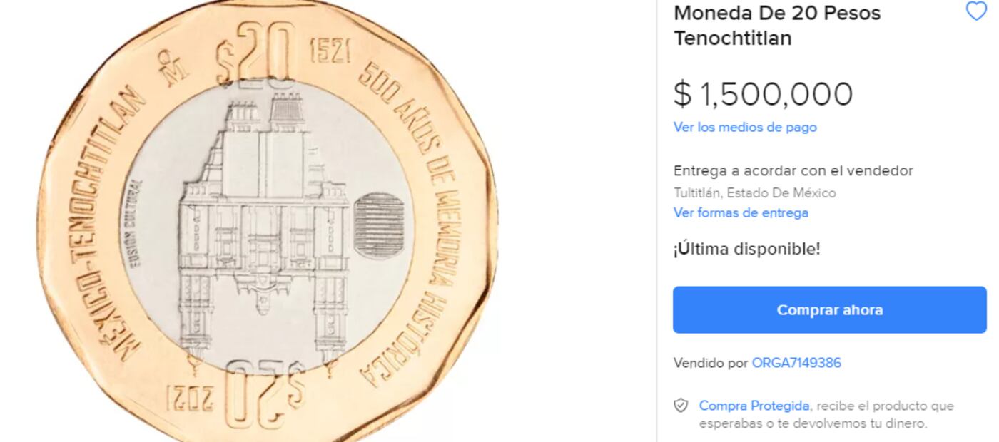 La moneda conmemorativa de $20 pesos de Tenochtitlan que vale hasta $1.5 millones de pesos. Foto: Mercado Libre