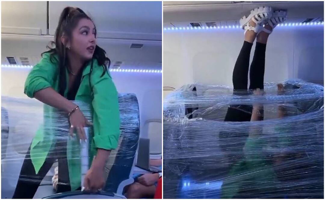 La mujer envolvió toda la fila de asientos del avión para aislarse. Foto tomada de video