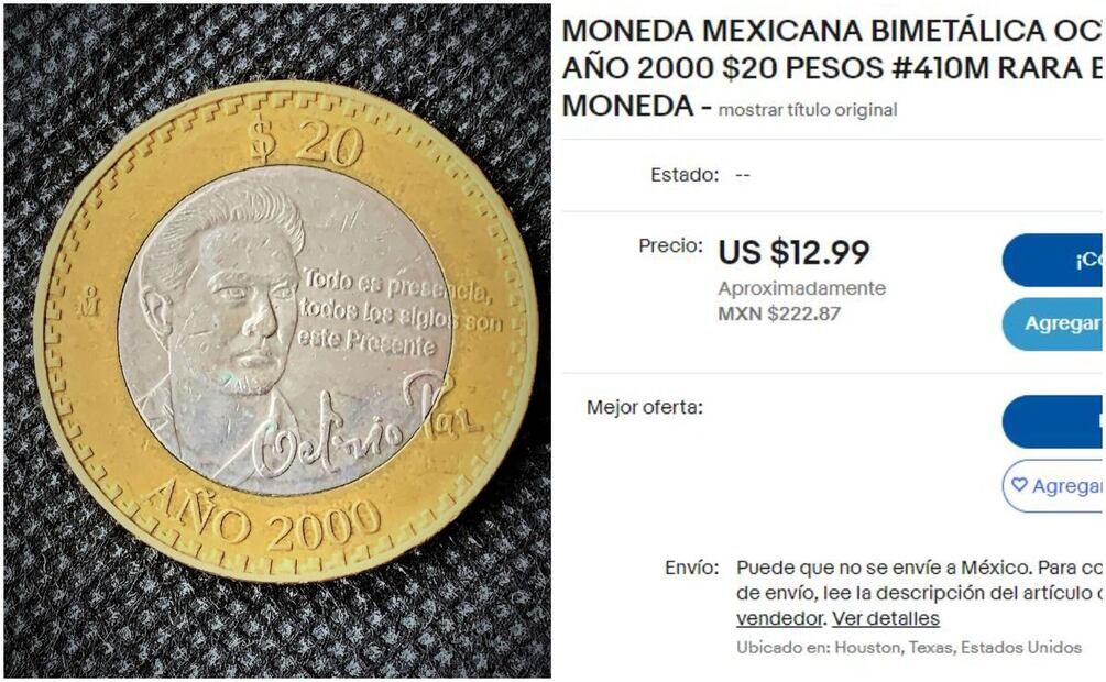 Moneda conmemorativa de $20 pesos de Octavio Paz. Foto: eBay / Captura de Pantalla