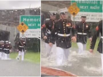 Marines uniformados ayudan a mujer varada por lluvias en EU