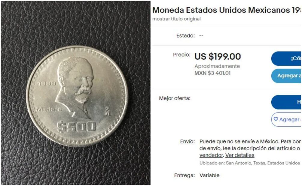 Moneda de $500 pesos. Foto: eBay / Captura