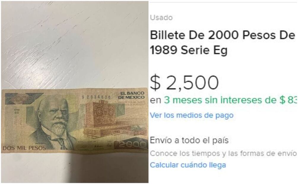 Billete de 2,000 pesos de Justo Sierra. Foto: Mercado Libre / Captura