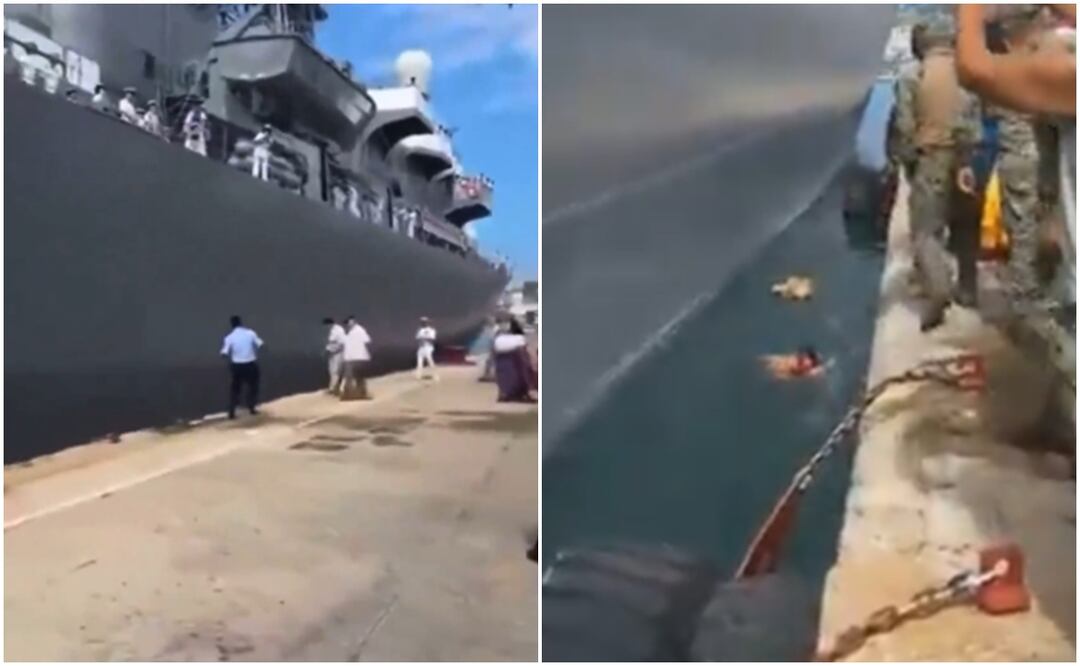 Impresionante caída de bailarina al mar en despedida de buques japoneses en Acapulco. Tomada de videos de X