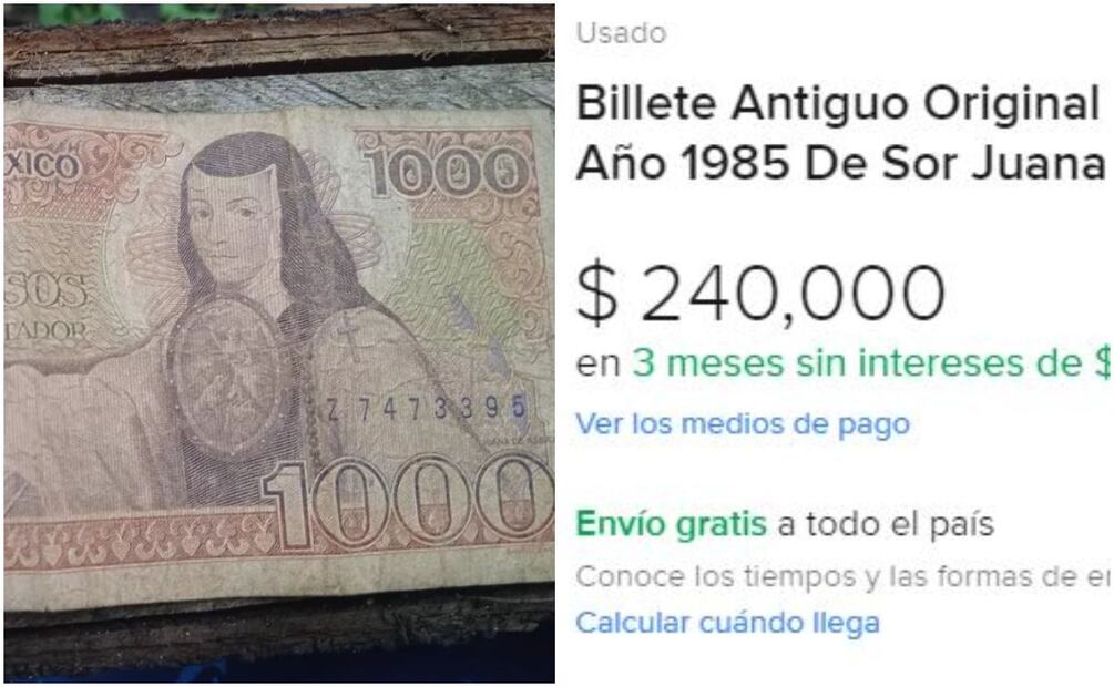Billete de Sor Juana. Foto: Captura / Mercado Libre