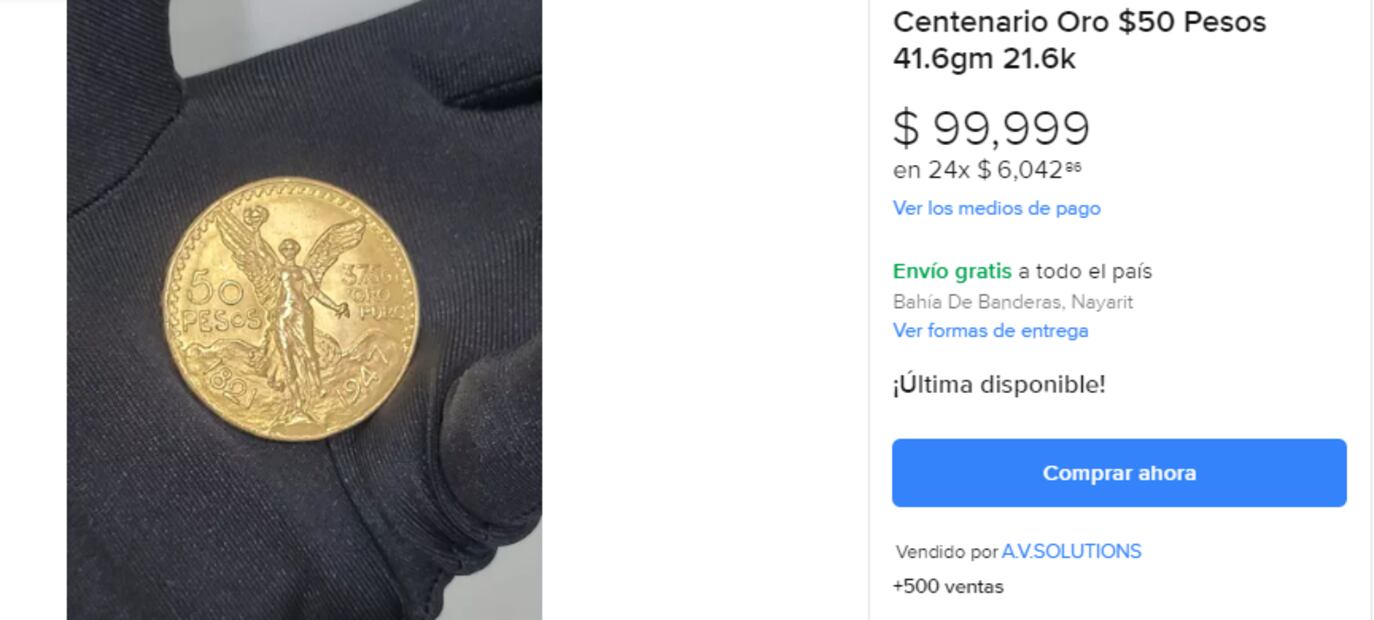 Piden hasta 100 mil pesos por centenario de oro mexicano de 50 pesos. Foto: Mercado Libre
