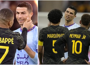 Con mejilla magullada, Cristiano Ronaldo anota contra el PSG de Messi en Arabia Saudí