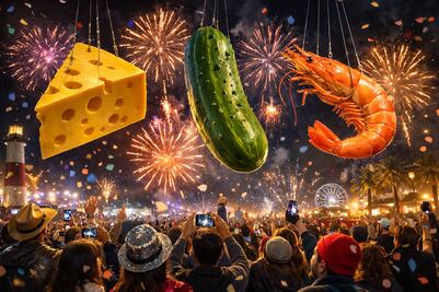 No todo es Times Square: así celebran el Año Nuevo 2026 con caídas de queso, pepinillos y camarones en EU