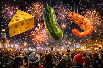 No todo es Times Square: así celebran el Año Nuevo 2026 con caídas de queso, pepinillos y camarones en EU