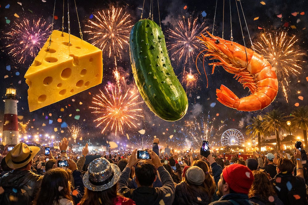 No todo es Times Square: así celebran el Año Nuevo 2026 con caídas de queso, pepinillos y camarones en EU. Imagen creada con IA