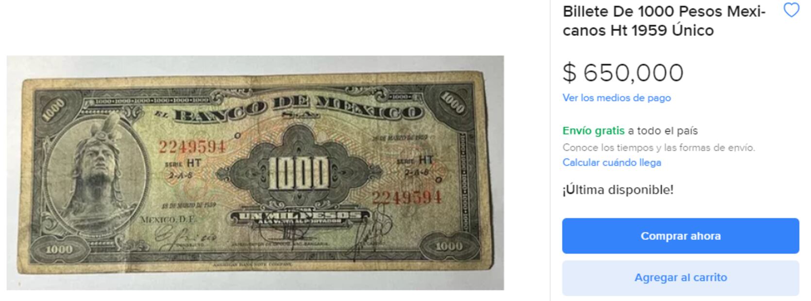 Piden más de $600 mil pesos por este billete antiguo de $1000 que parece dólar. Foto: Mercado Libre