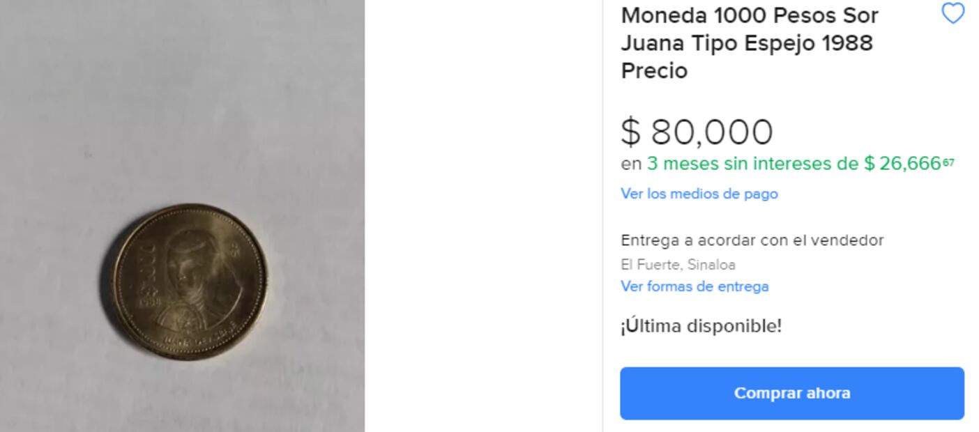 La moneda de $1000 de Sor Juana Inés de la Cruz por la que piden hasta $80 mil pesos. Foto: Mercado Libre