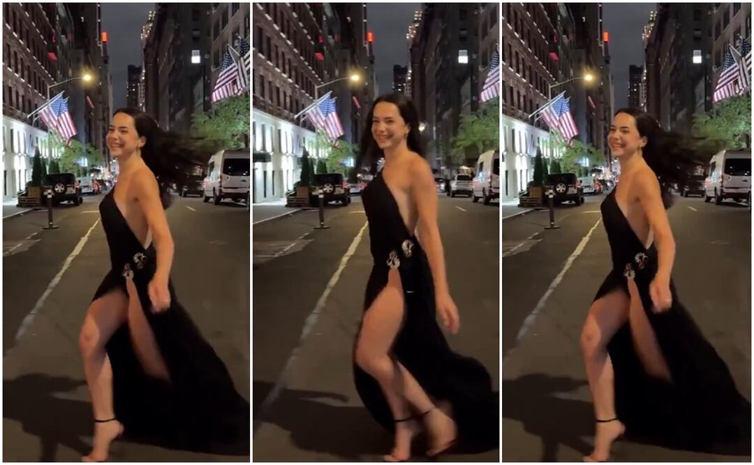 Ángela Mármol, tiktoker española, conquista con vestido de raja las calles de Nueva York. Foto tomada de video