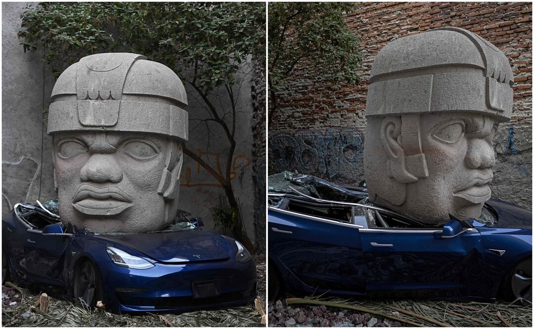 Artista mexicano busca 'provocar' a Elon Musk y aplasta un Tesla con colosal cabeza olmeca (Photo by CARL DE SOUZA / AFP)