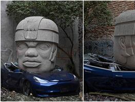 Artista mexicano busca 'provocar' a Elon Musk y aplasta un Tesla de 40 mil dólares con cabeza olmeca