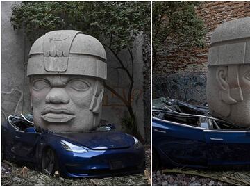 Artista mexicano busca 'provocar' a Elon Musk y aplasta un Tesla de 40 mil dólares con cabeza olmeca