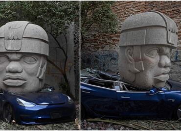 Artista mexicano busca 'provocar' a Elon Musk y aplasta un Tesla de 40 mil dólares con cabeza olmeca