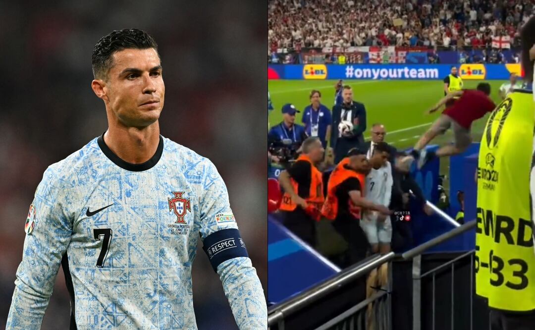 Fanático de Cristiano Ronaldo se tira desde la tribuna para abrazarlo; se reporta grave. Foto: AFP / Tomada de Twitter