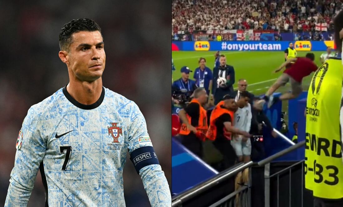 Fanático de Cristiano Ronaldo se tira desde la tribuna para abrazarlo; se reporta grave. Foto: AFP / Tomada de Twitter