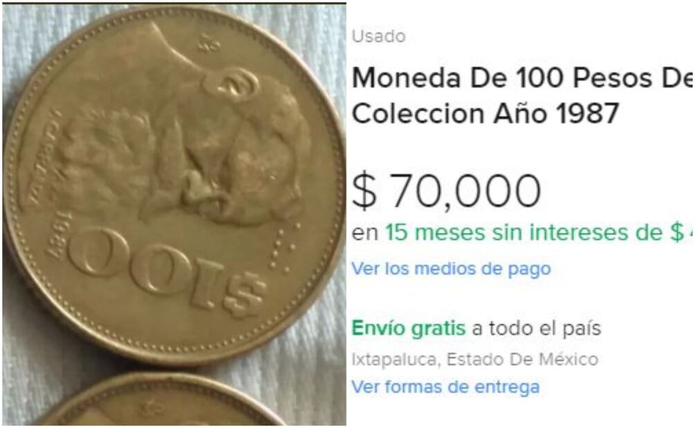 Moneda de $100 pesos de Carranza. Foto: Captura / MercadoLibre