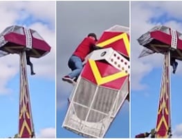 Aterrador video muestra a trabajador luchando por su vida mientras cuelga desde juego mecánico