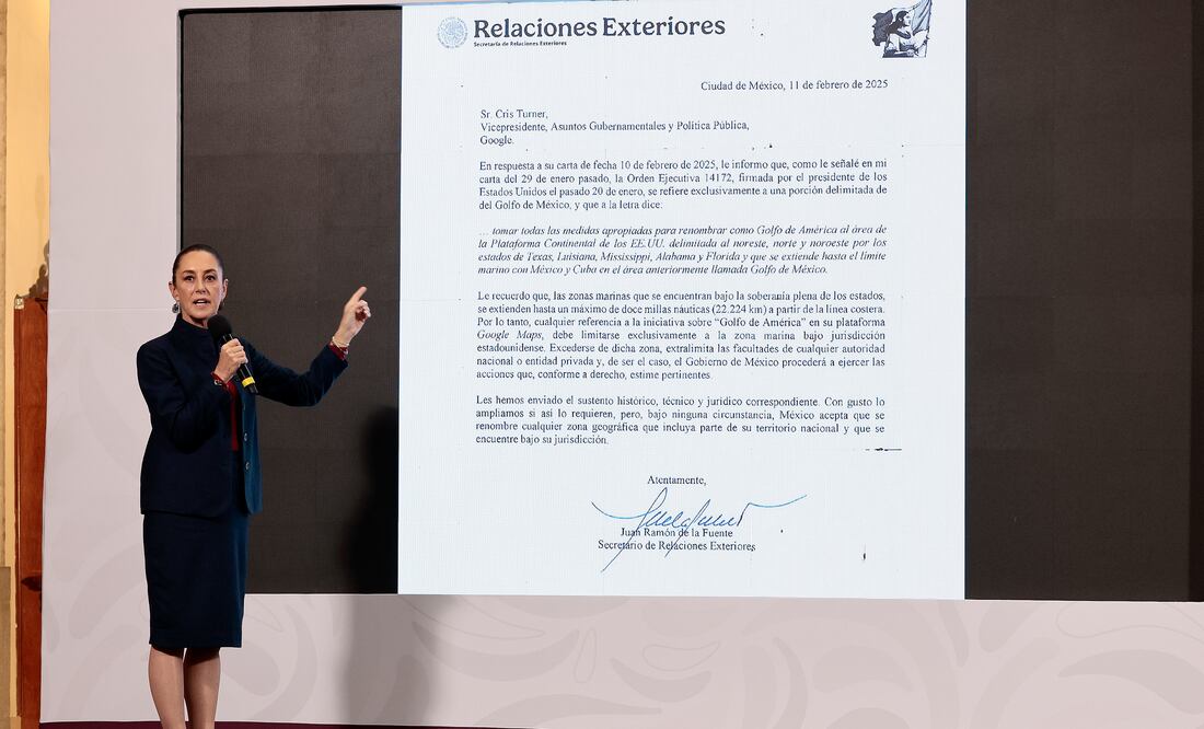 Sheinbaum muestra la carta de Google y exige corregir el error geográfico; amaga con tribunales. EFE/ José Méndez