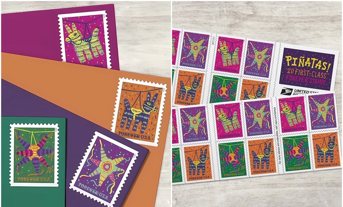 Artista mexicano diseña estampillas de Estados Unidos que honran las tradicionales piñatas. Foto: EFE