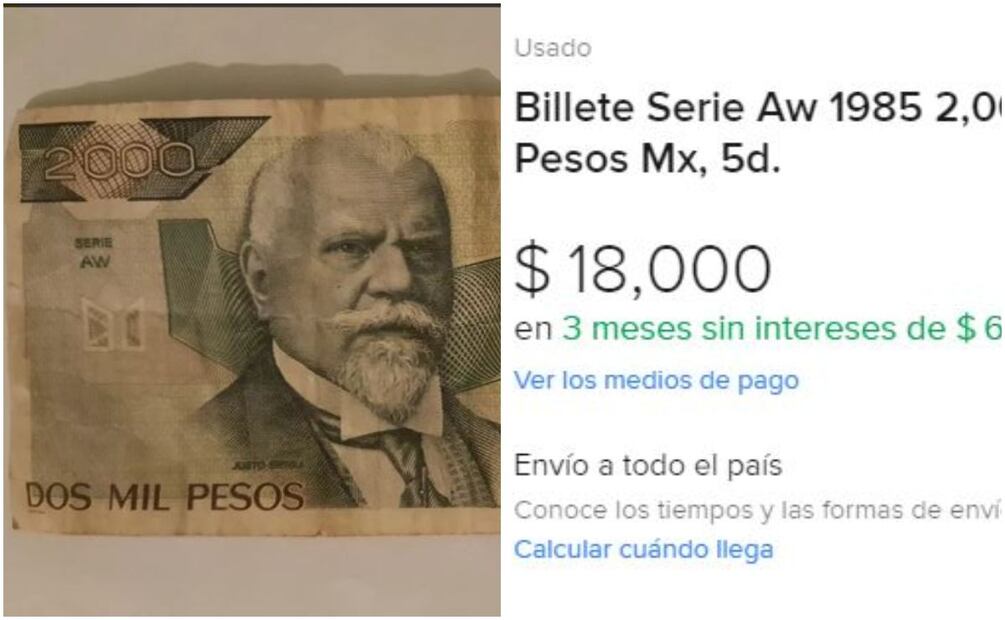 Billete antiguo de Justo Sierra. Foto: Mercado Libre / Captura