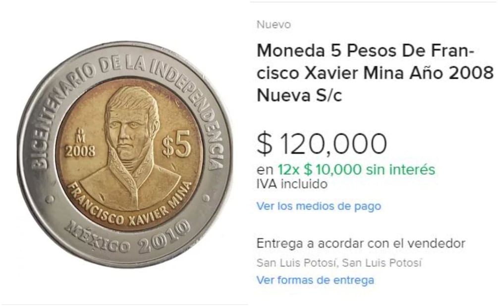 Moneda de $5 pesos conmemorativa a la venta. Foto: Captura de pantalla / MercadoLibre
