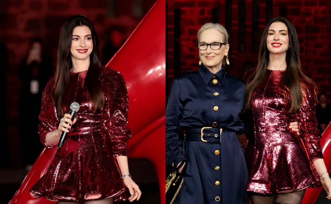 Anne Hathaway da cátedra de estilo con minivestido de lentejuelas en promo de ‘El Diablo Viste a la Moda’ en México. Foto: EFE / Hugo Salvador / El Universal