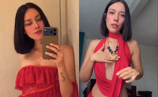 Exviolinista de Nodal reaparece con vestido rojo de impacto y un enorme anillo desata polémica