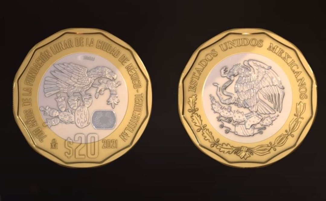 La moneda de 20 pesos de la Fundación Lunar de Tenochtitlán. Foto: Banco de México