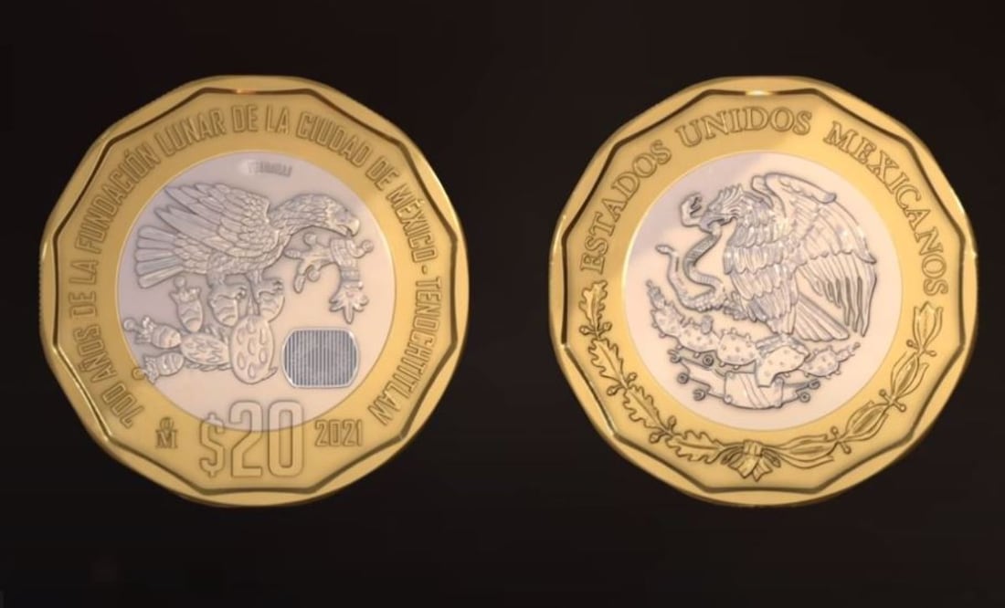 La moneda de 20 pesos de la Fundación Lunar de Tenochtitlán. Foto: Banco de México