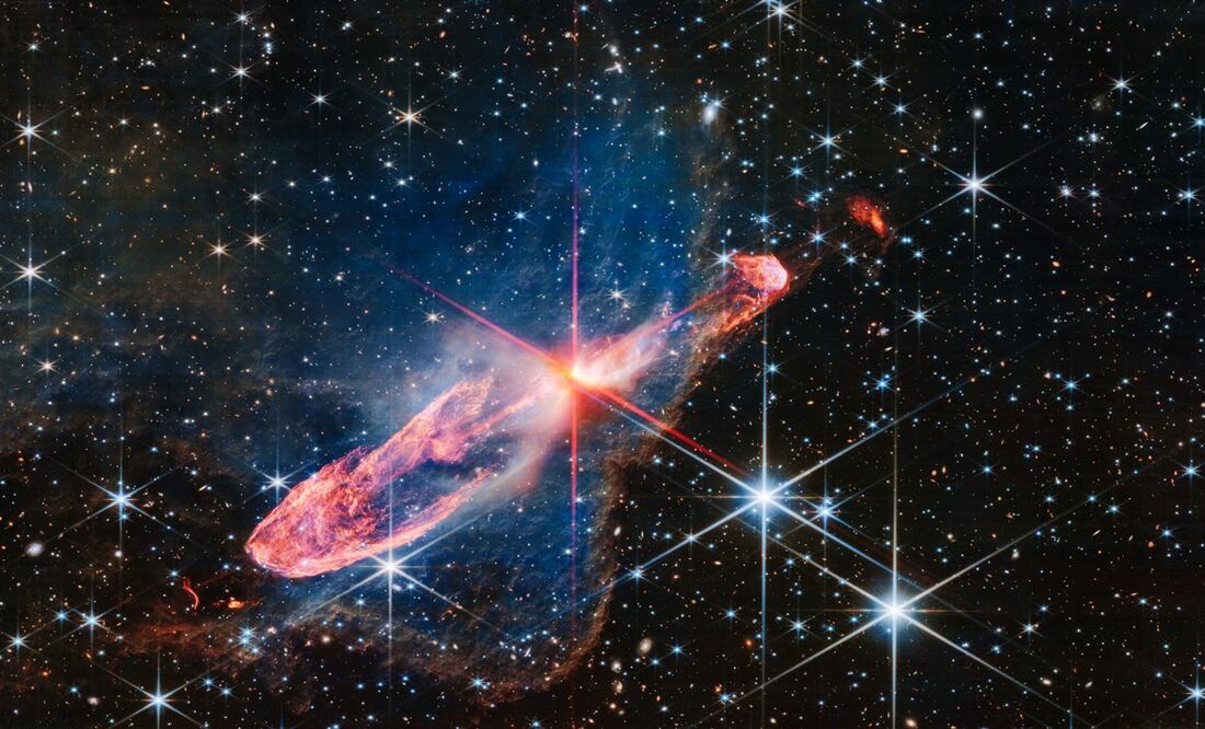 El telescopio espacial James Webb ha logrado una imagen de alta resolución y en luz infrarroja de dos estrellas jóvene. Foto: EFE/ NASA ESA? CSA? J. Depasquale
