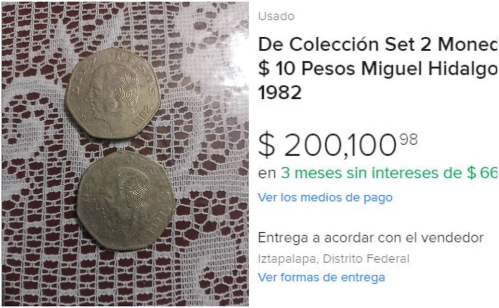 Antigua  moneda de $10 pesos de Miguel Hidalgo. Foto: Captura / MercadoLibre