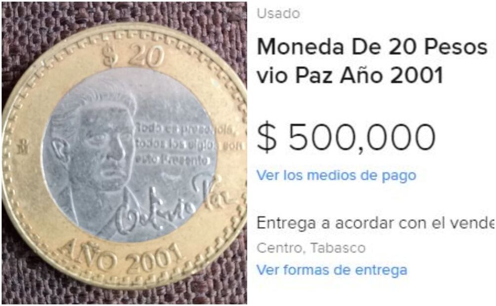 Moneda de $20 pesos de Octavio Paz. Foto: MercadoLibre / Captura