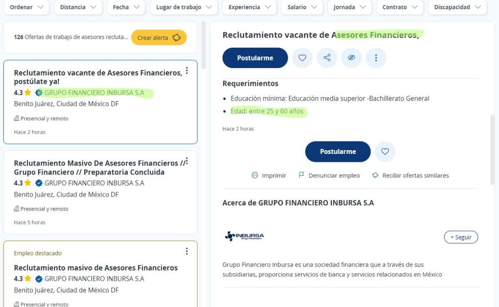 Captura de pantalla: Vacante en Compu Trabajo