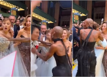 Caos en la alfombra roja: Ariana Grande es acorralada por un fan y Cynthia Erivo salta a defenderla. VIRAL