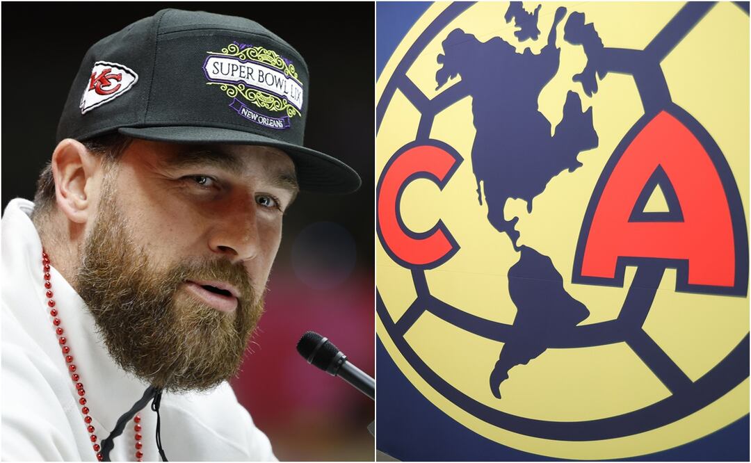 Travis Kelce, estrella de los Chiefs, presume su playera del América previo al Super Bowl 2025. Foto: EFE/Fernanda Rojas-EL UNIVERSAL