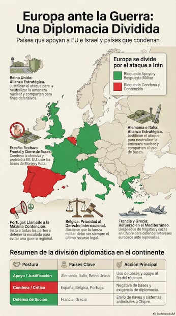 Europa se divide por el ataque a Irán: estos países apoyan a EU e Israel y estos lo condenan. Foto IA