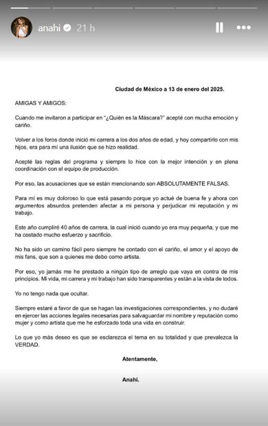Comunicado Anahí demanda Televisa. Foto: Tomada de Instagram @Anahí