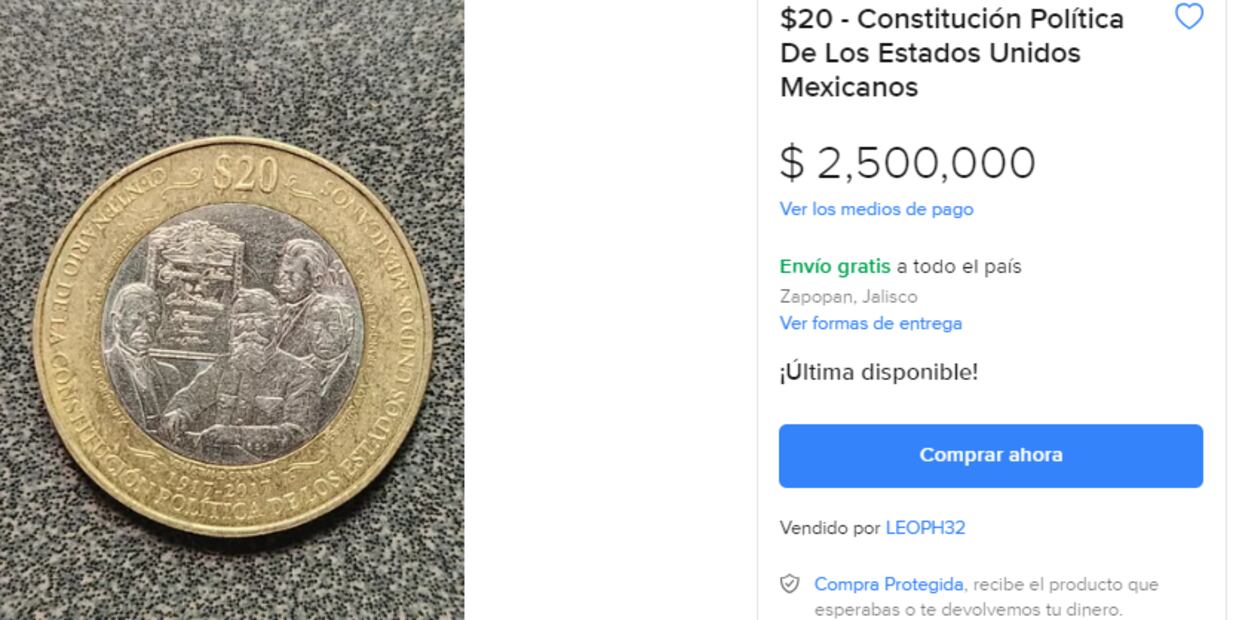 Piden $2.5 millones de pesos por esta moneda conmemorativa de la Constitución mexicana  de $20. Foto: Mercado Libre